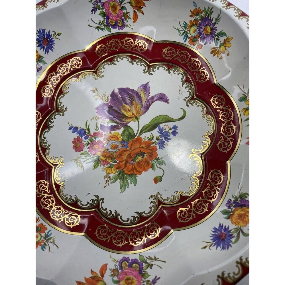 Vintage Red & Gold Floral Daker Decorated Ware Tin Decorative Bowl, 1971 England